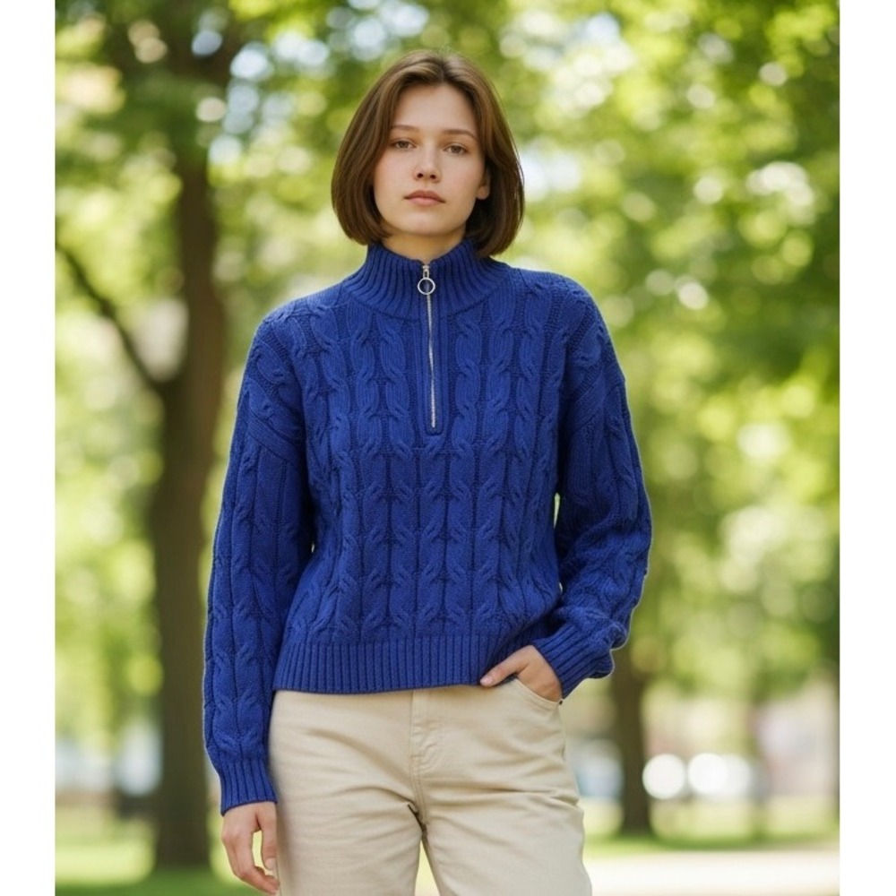 Royal Blue Cable Knit Quarter Zip Sweater Mock Neck XL Preppy Academia Cotton - Picture 1 of 8